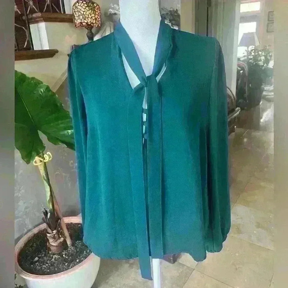 Crescent and Willough ladies blouse medium Green long sleeve neck tie attached - Picture 4 of 9
